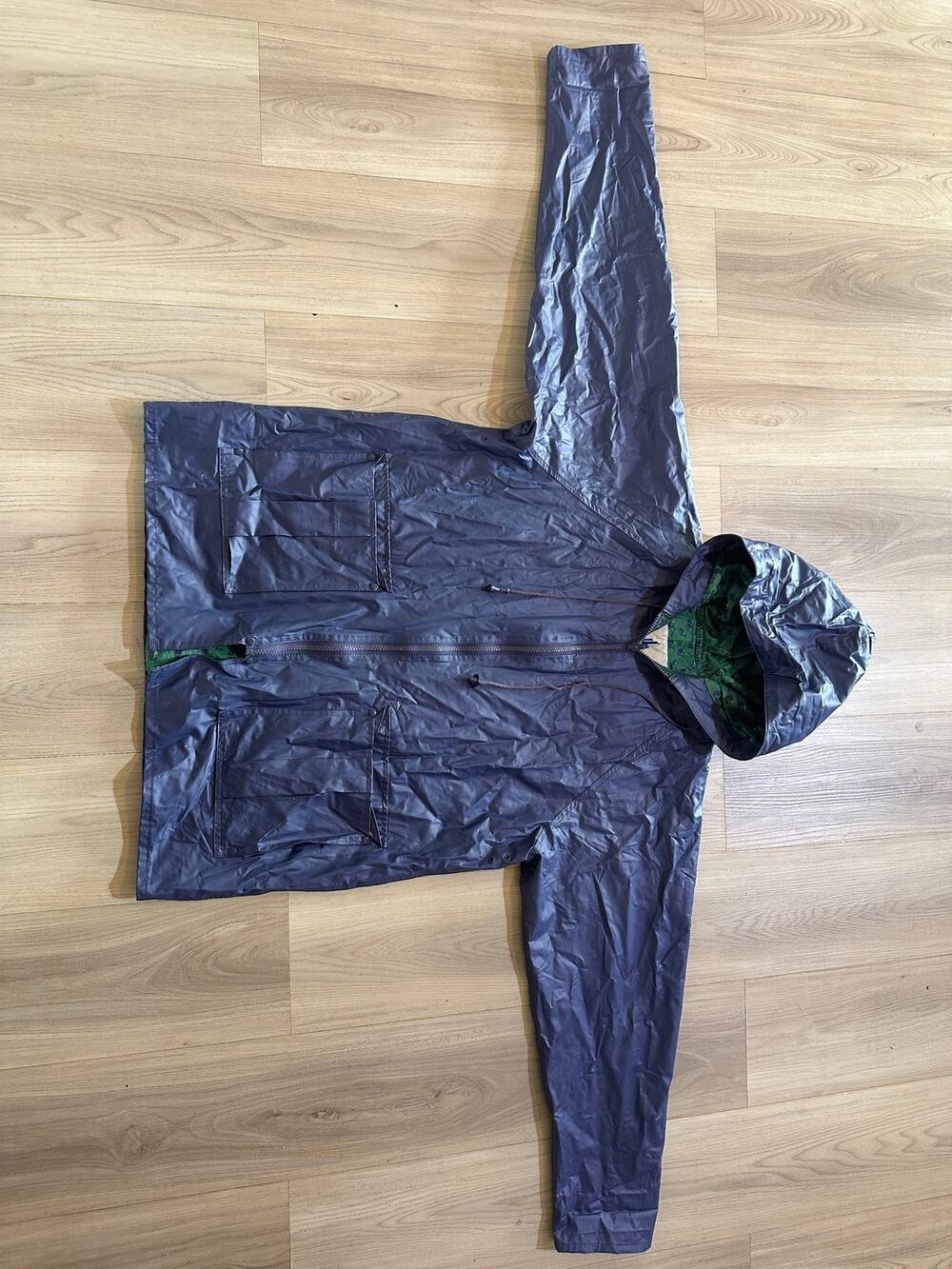 Vintage Misty Harbor Rain Jacket Hooded Shiny Blue Green Whale Medium
